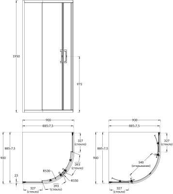 Душевой уголок VETRO, раздвижной, четверть круга, 90х90х195, хром