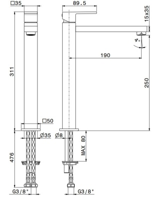 Смеситель для раковины FUTURA однорычажный, высокий, без донного клапана 3/8, матовый черный