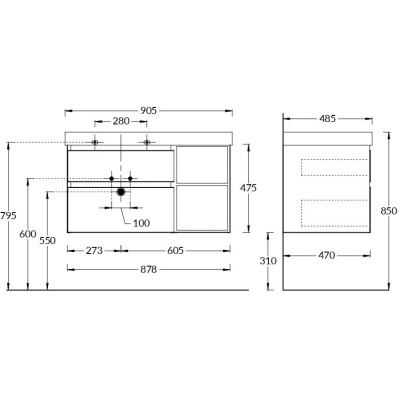 Тумба CUBO левая подвесная с ящиками 90, лимо матовая-древесная Тумба CUBO левая подвесная с ящиками 90, лимо матовая-древесная